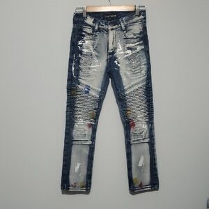 GS-115 Denim Jeans Boys Size 12 Blue Moto Paint Dye Splatter Artzy Art